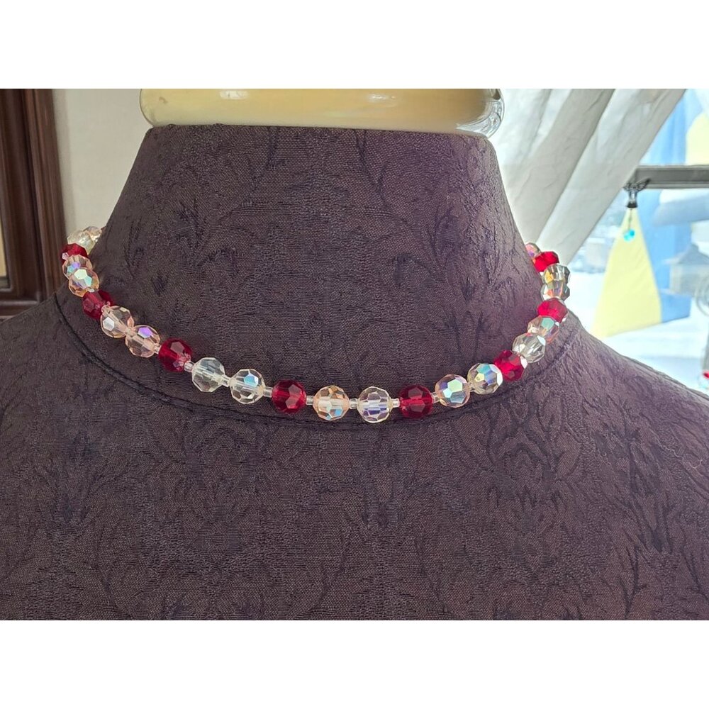 Vintage Red & Clear AB Crystal Beaded Necklace With Rhinestone Clasp